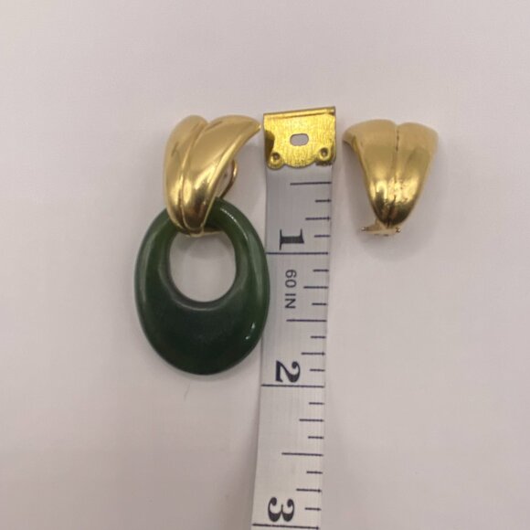 Vintage, 3-in-1, 1960s 18K Gold Earrings w/ Real Jade & Onyx Accessories #401 - Picture 13 of 14
